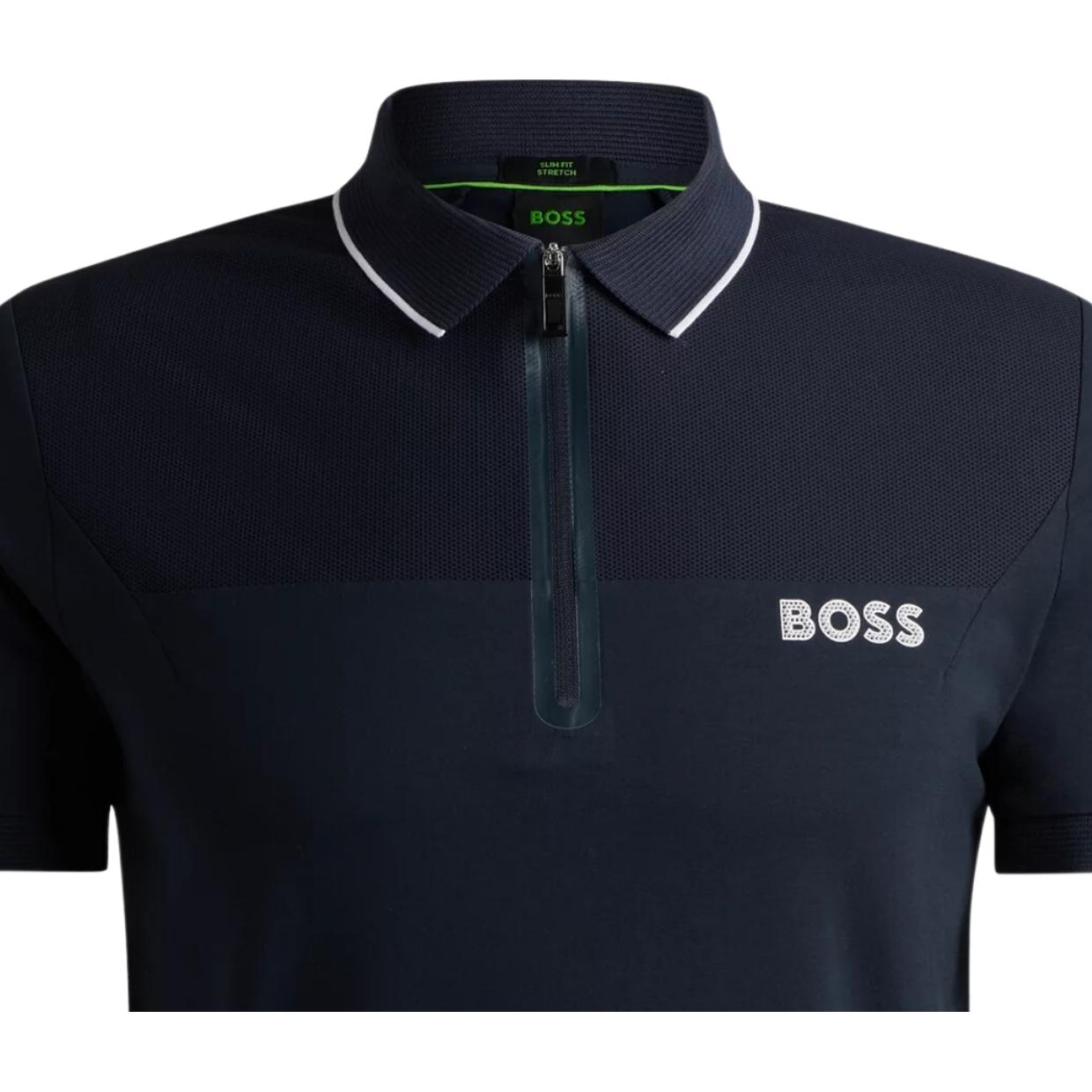 BOSS Philix Mesh Detail Half Zip Blue Polo Shirt
