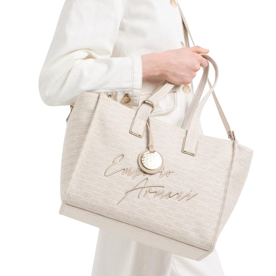 Emporio Armani Medium Jacquard All-Over Monogram Beige Tote Bag