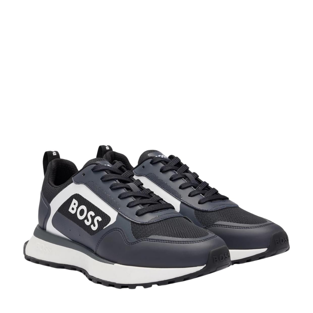 BOSS Jonah Mixed-Material Lace Up Navy Trainers