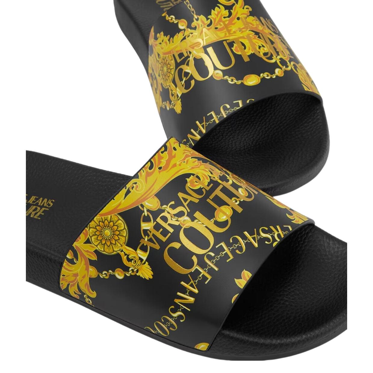 Versace Jeans Couture Black and Gold Chain Couture Slides Retro Designer Wear