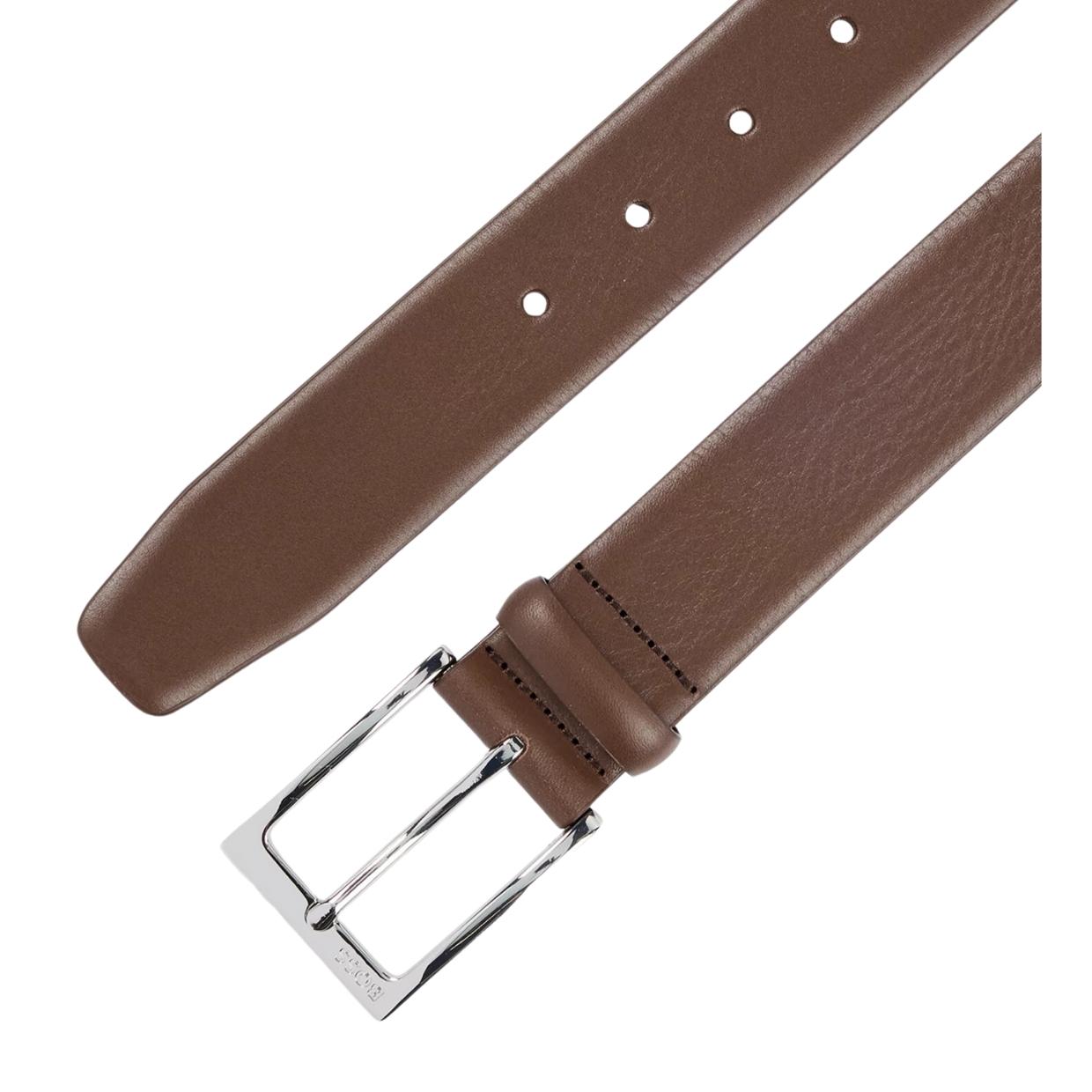 BOSS Evan Sliver-Tone Pin Buckle Brown Leather Belt