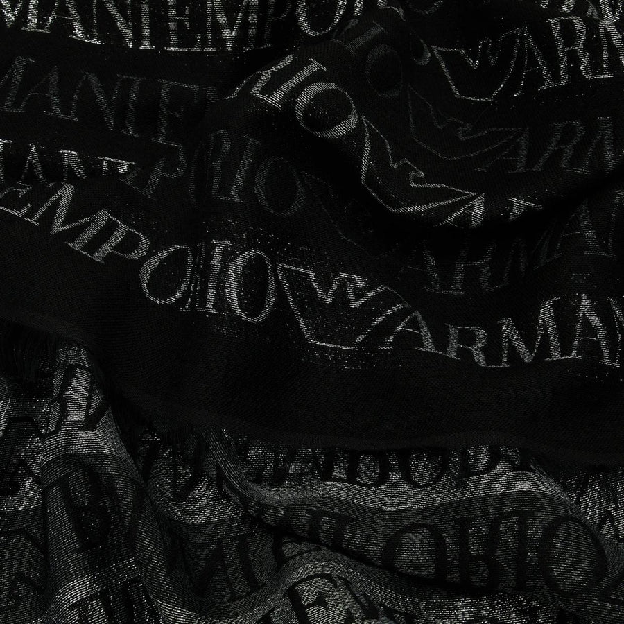 Emporio Armani All-Over Jacquard Lurex Logo Black Scarf