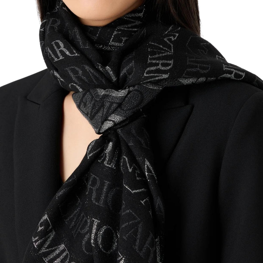 Emporio Armani All-Over Jacquard Lurex Logo Black Scarf