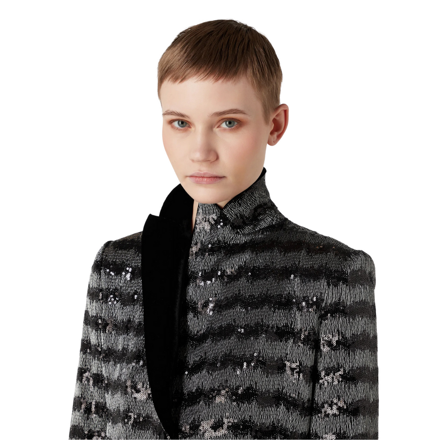 Jacket with a chevron motif with all-over sequins and velvet lapels