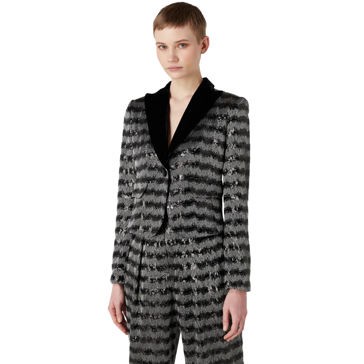 Jacket with a chevron motif with all-over sequins and velvet lapels