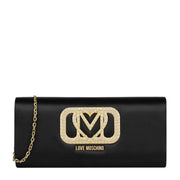 Love Moschino Rhinestones Heart Logo Black Satin Clutch Bag