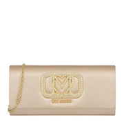 Love Moschino Rhinestones Heart Logo Gold Satin Clutch Bag