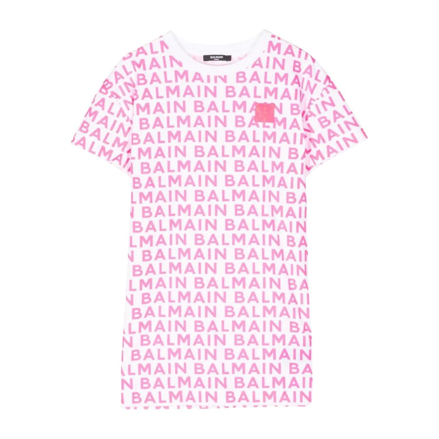 Balmain Kids Contrast Logo All-Over White/Pink Dress