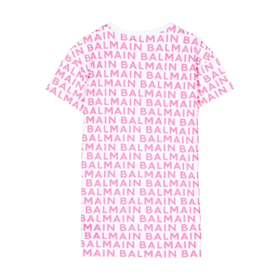 Balmain Kids Contrast Logo All-Over White/Pink Dress