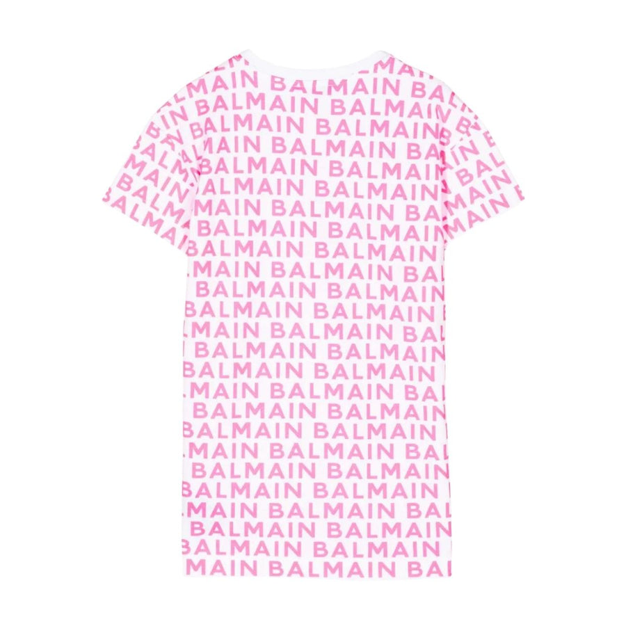 Balmain Kids Contrast Logo All-Over White/Pink Dress