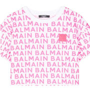 Balmain Kids Contrast Logo All-Over White/Pink Dress