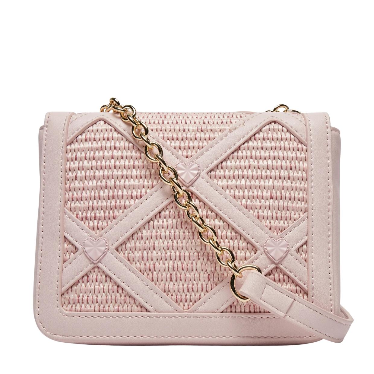 Love Moschino Woven Raffia Heart Studs Pink Crossbody Bag