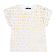 Balmain Kids Gold Lettering Logo All-Over White T-Shirt