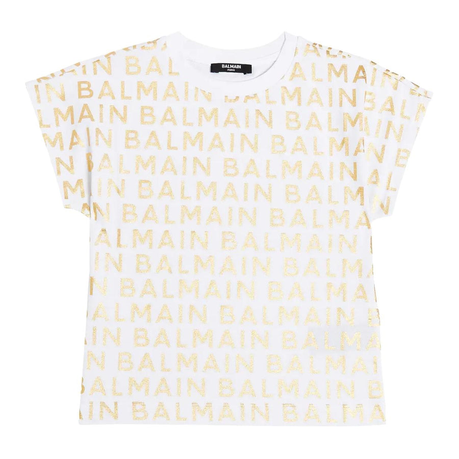 Balmain Kids Gold Lettering Logo All-Over White T-Shirt