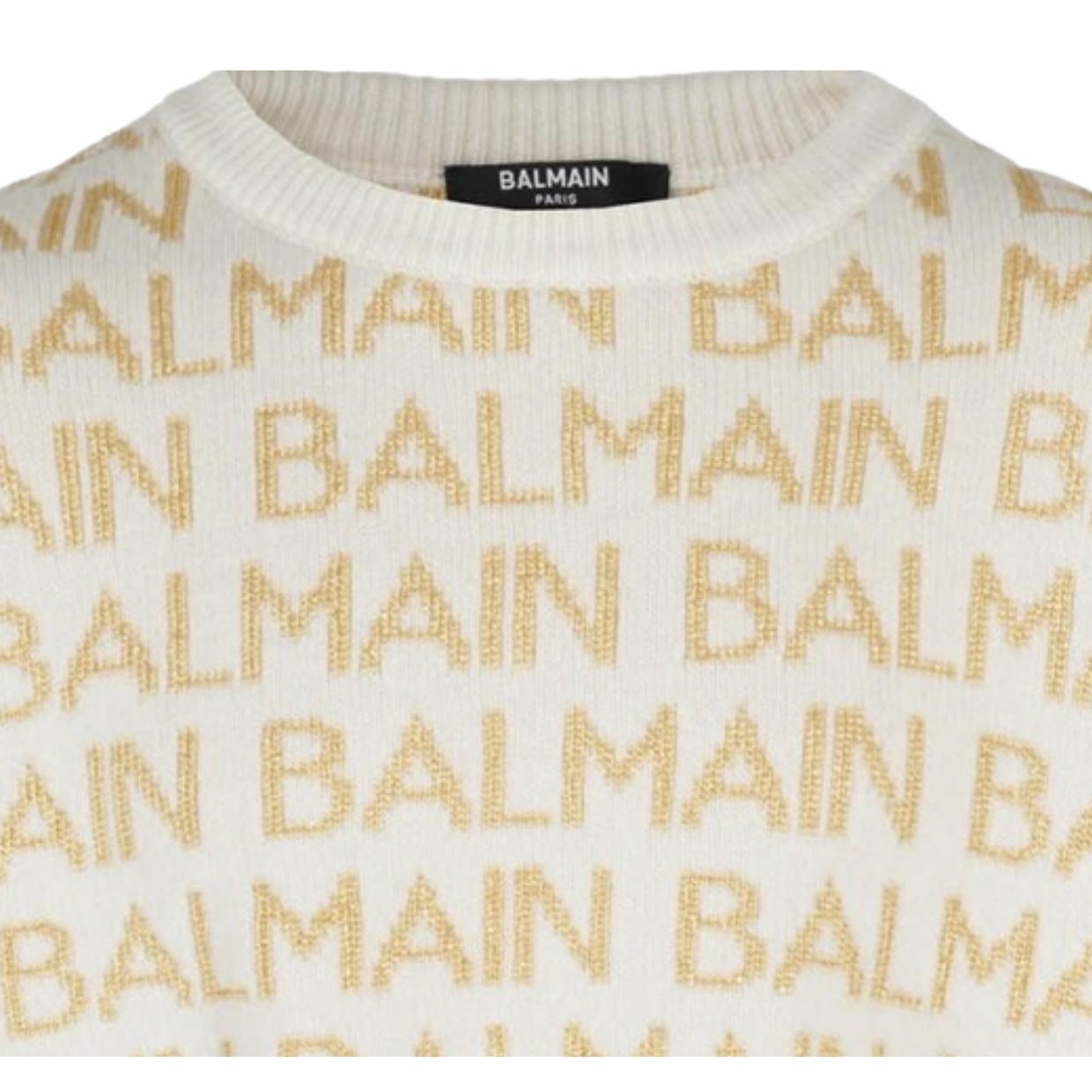Balmain Kids All-Over Gold Logo Ivory Sweater