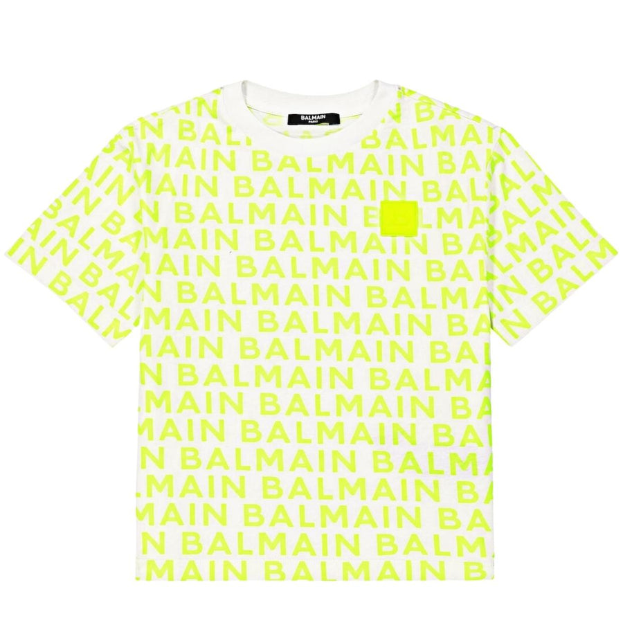 Balmain Kids All-Over Printed Logo White/Neon T-Shirt