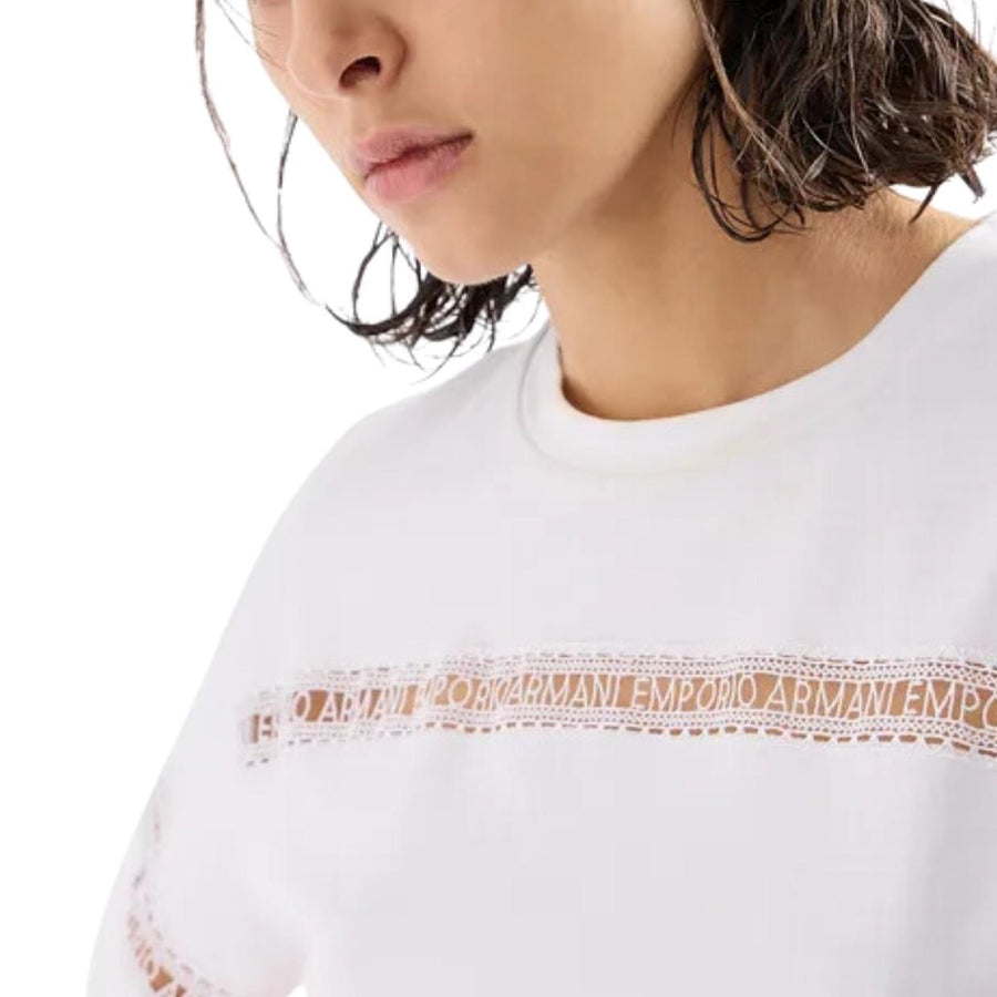 Emporio Armani Macramé Lace Logo Tape White T-Shirt