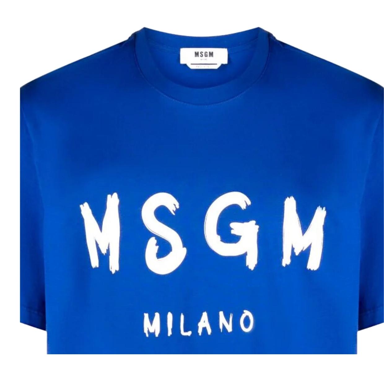 MSGM Brushed Effect Logo Blue T-Shirt