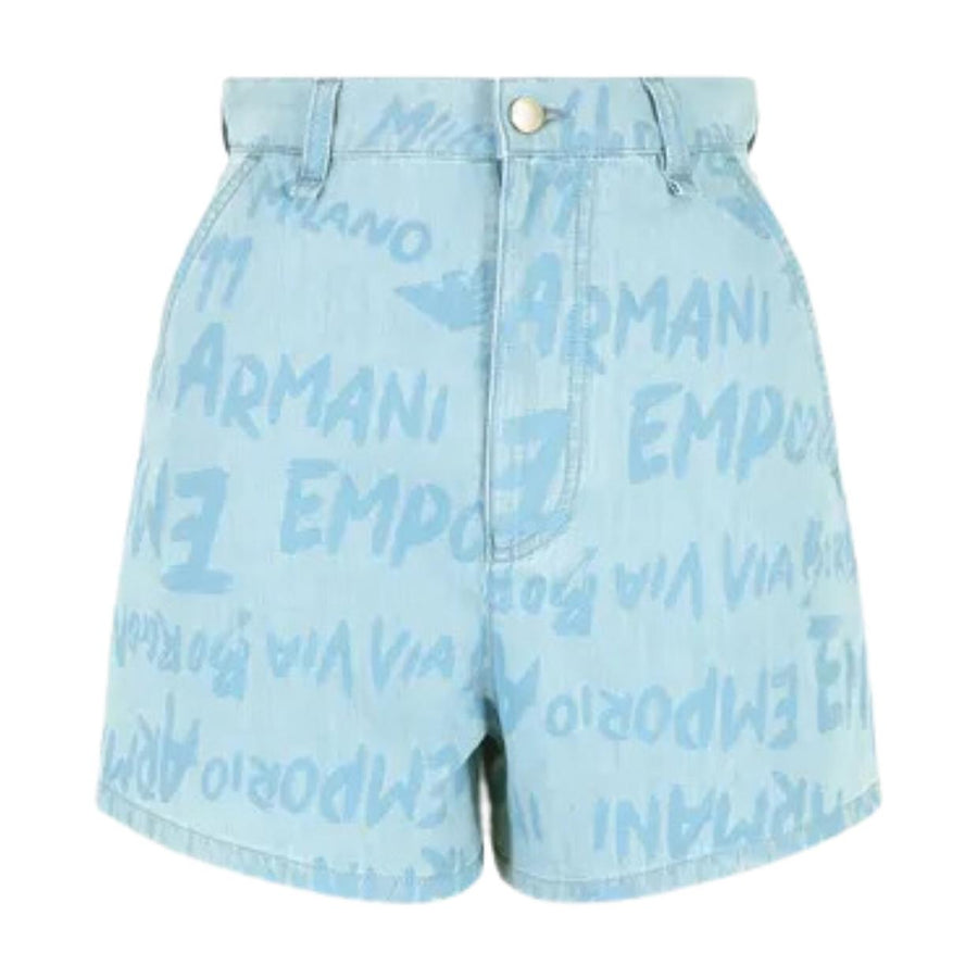 Emporio Armani All-Over Logo Lettering Print Light Denim Shorts