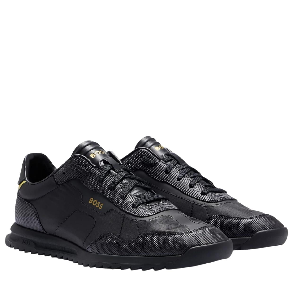 BOSS Zayn Mixed Material Perforated Faux Leather Black Trainers