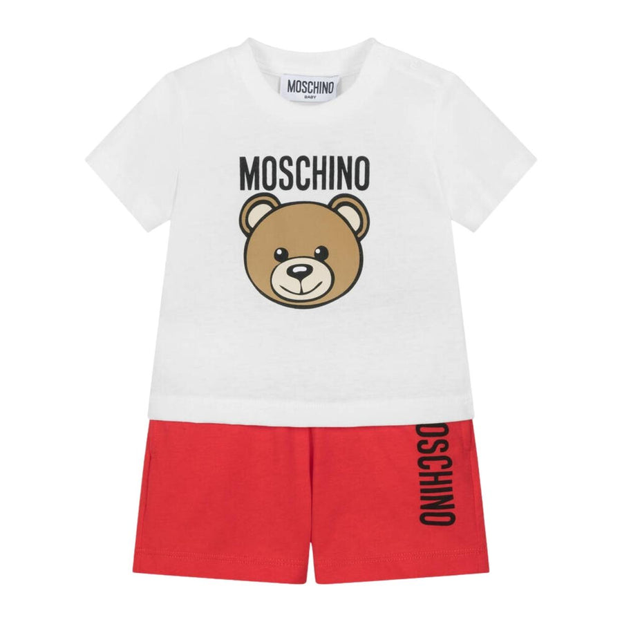Moschino Baby Teddy Bear Logo White/Red Two Piece Shorts Set