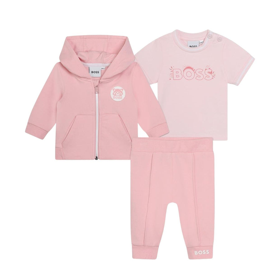 BOSS Baby Logo Print Pink Three-Piece Tracksuit Set