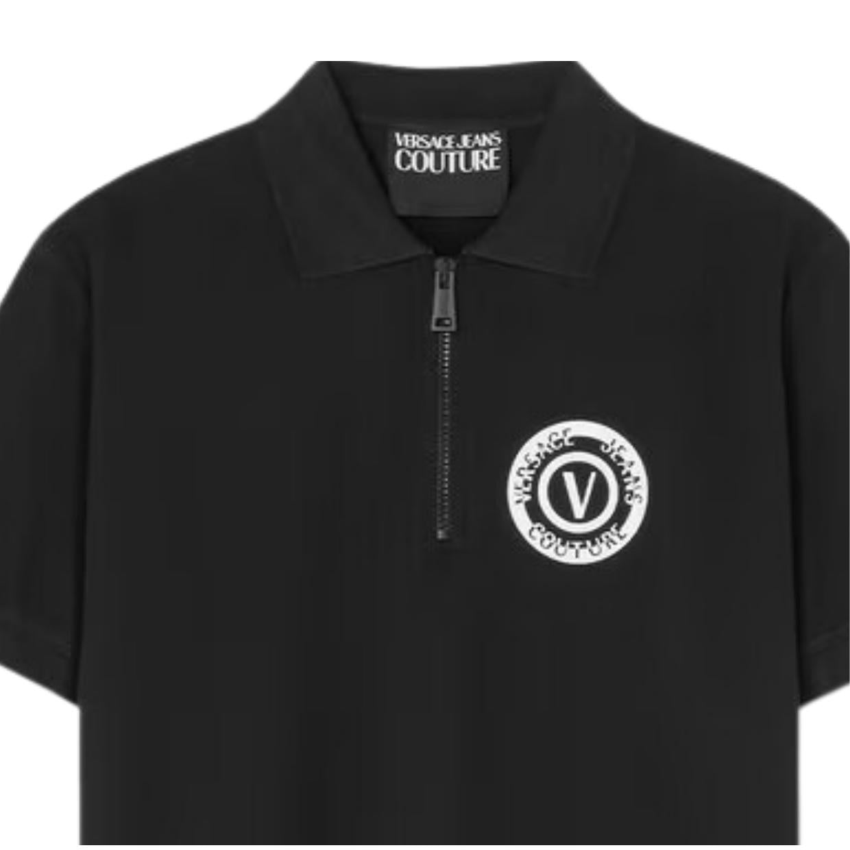Versace Jeans Couture V-Emblem Print Black Zip Polo Shirt