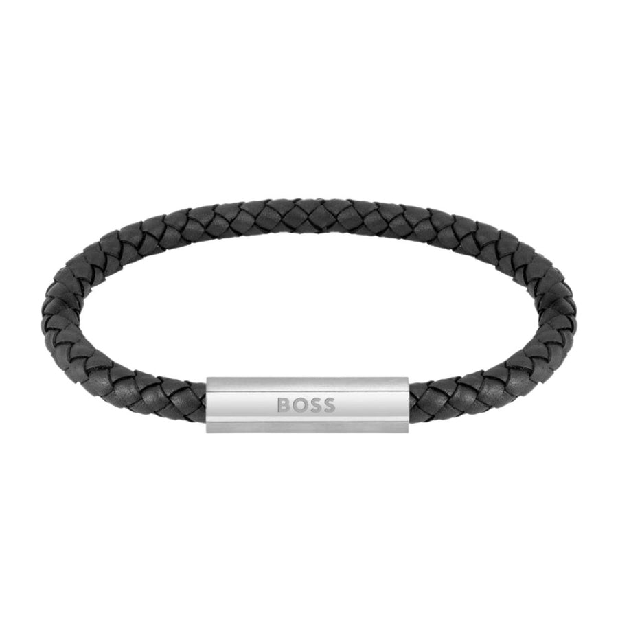 BOSS Black Leather Braided Bracelet