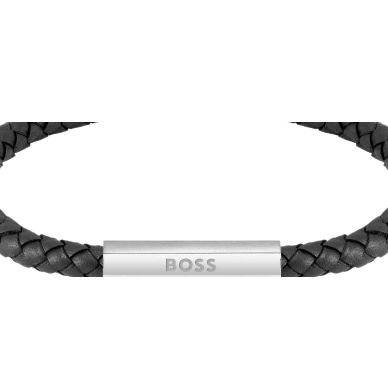 BOSS Black Leather Braided Bracelet