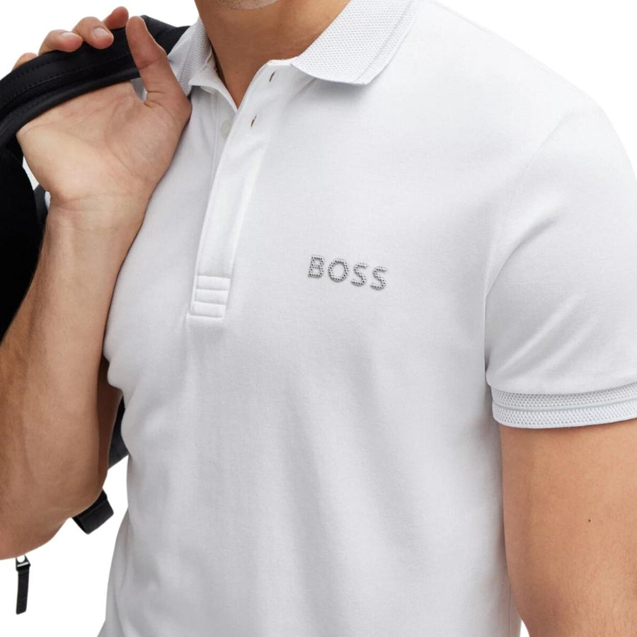 BOSS Mesh Logo Paule 1 Slim Fit White Polo Shirt