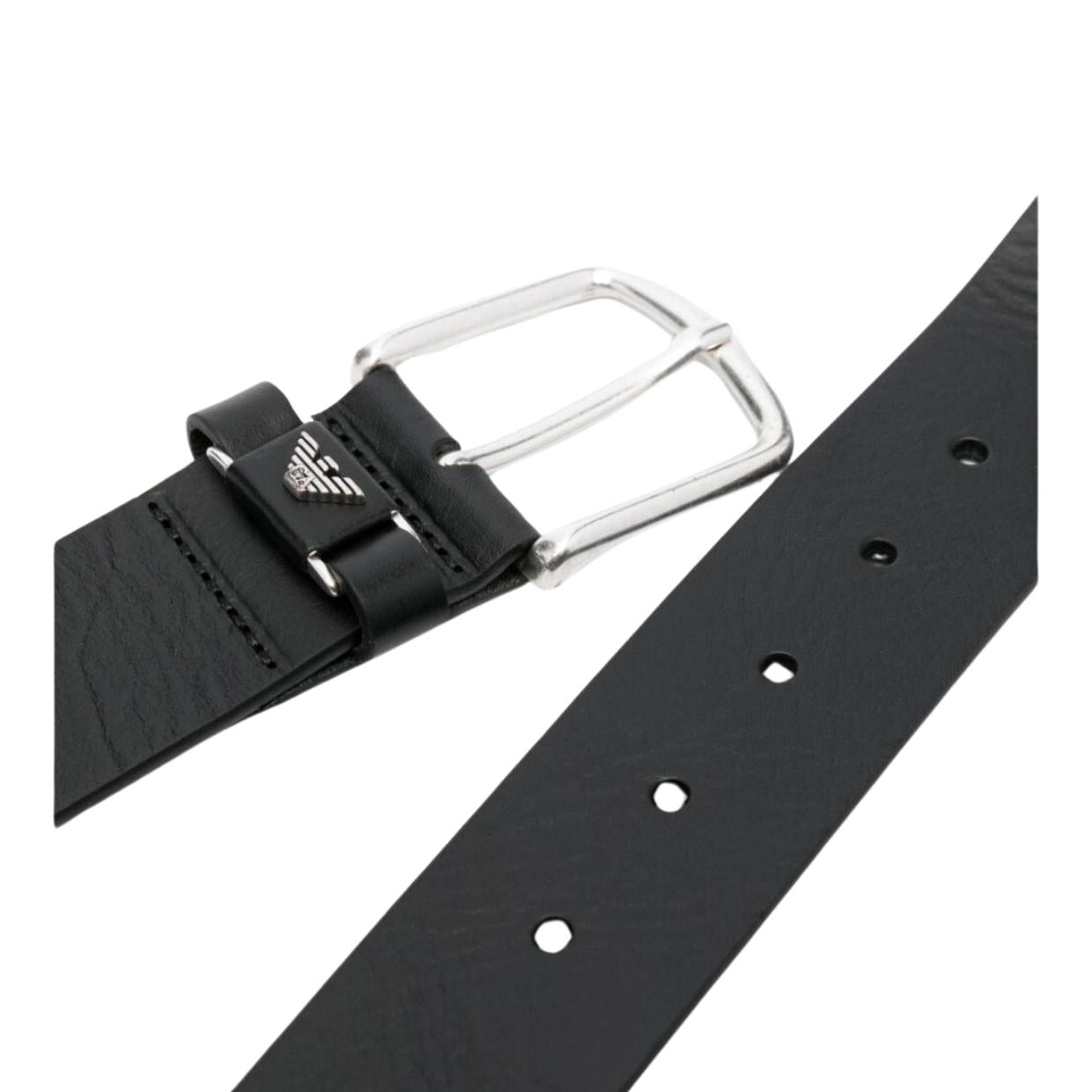 Emporio Armani Sliver-Tone Eagle Logo Black Buckle Belt