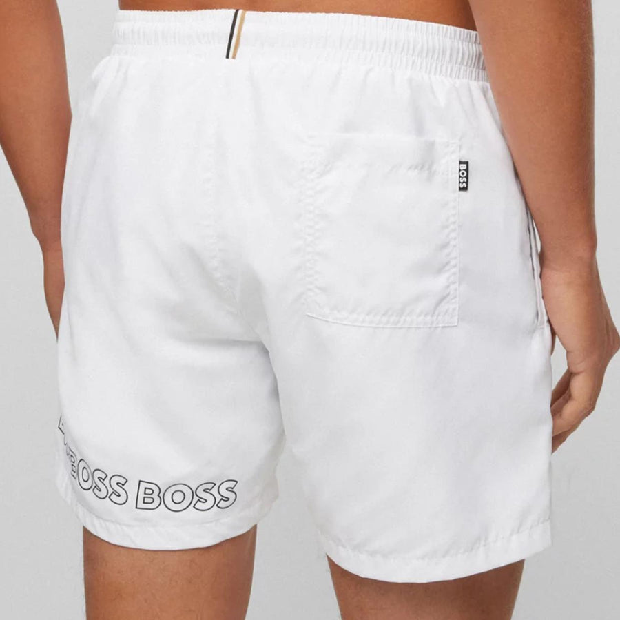 BOSS Dolphin Repeat Logo White Swim Shorts
