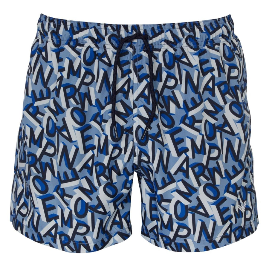 Emporio Armani All-Over Lettering Logo Blue Swim Shorts