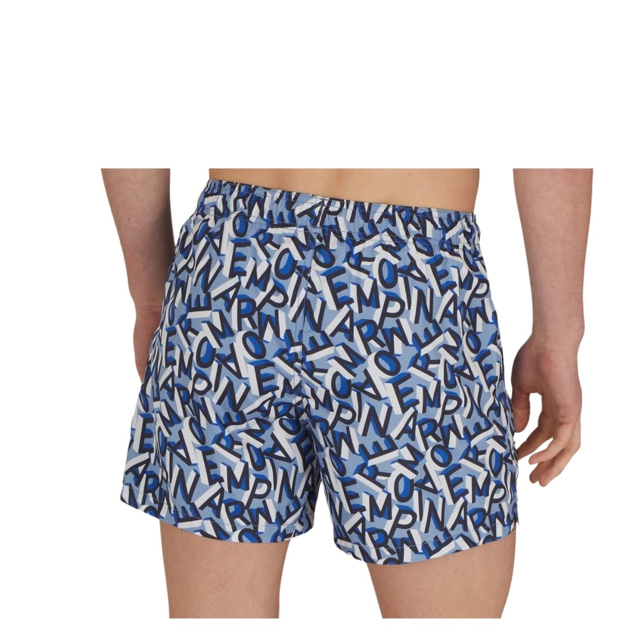 Emporio Armani All-Over Lettering Logo Blue Swim Shorts