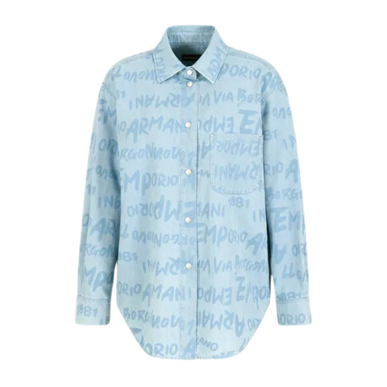 Emporio Armani All-Over Lettering Print Light Denim Shirt