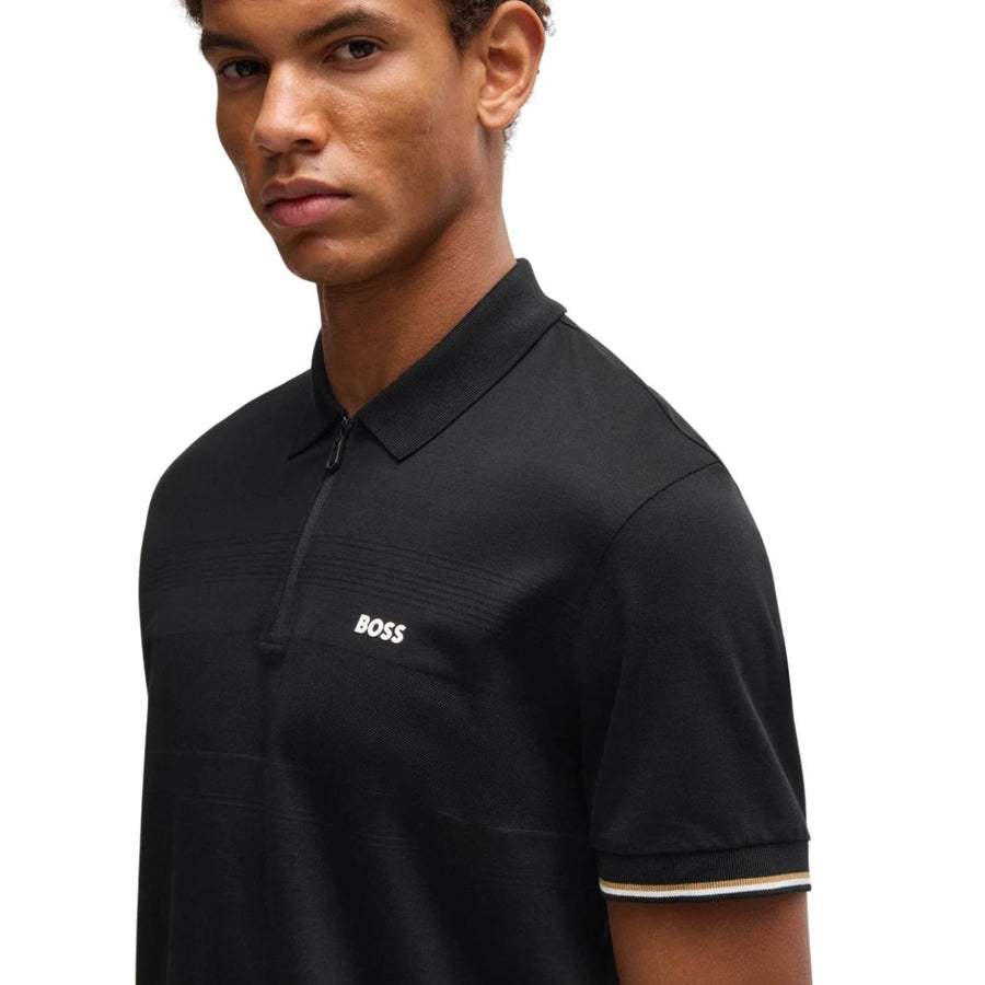 BOSS Philix Pima Structured-Cotton Half Zip Black Polo Shirt