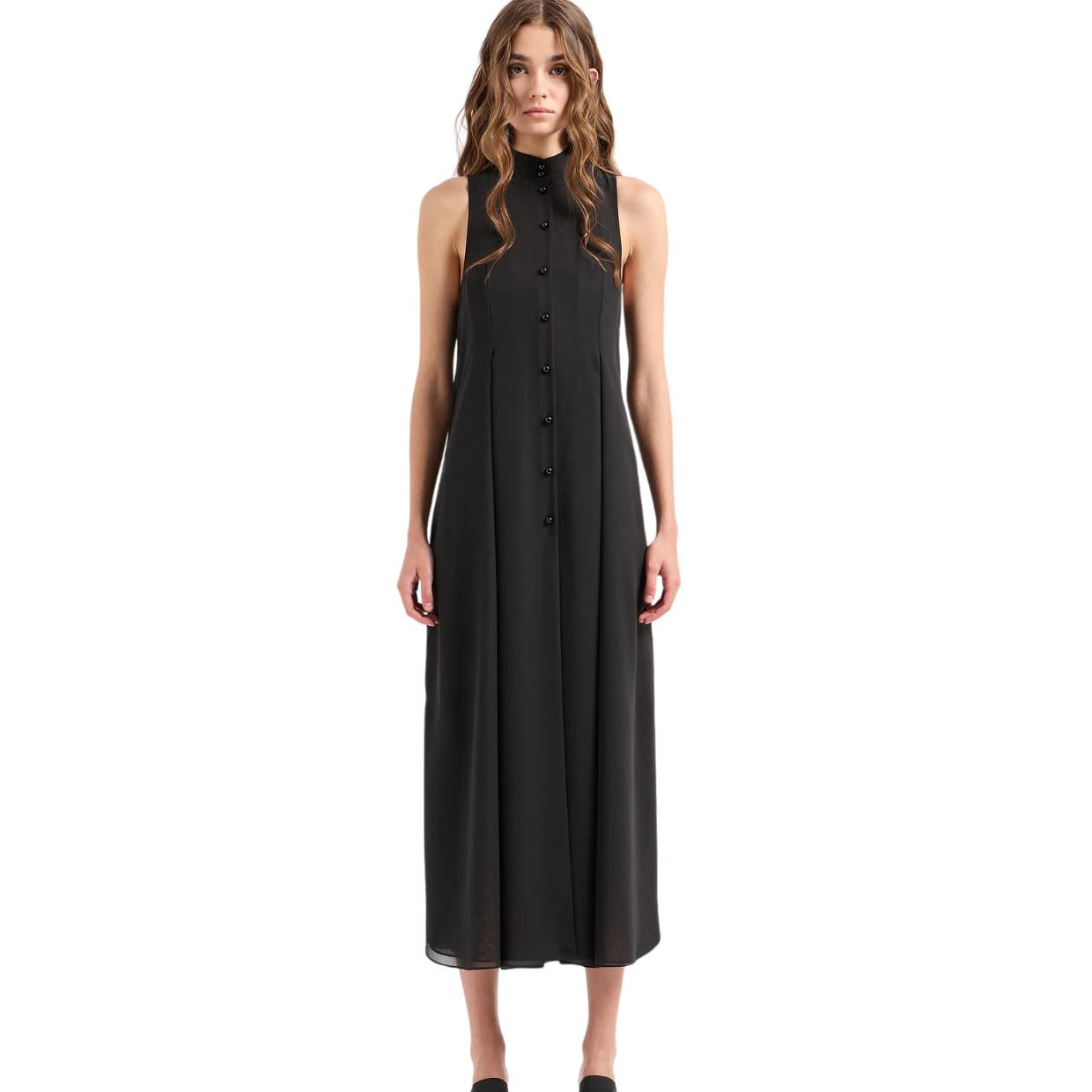 Emporio Armani Guru Collar & Flared Lines Black Georgette Long Dress