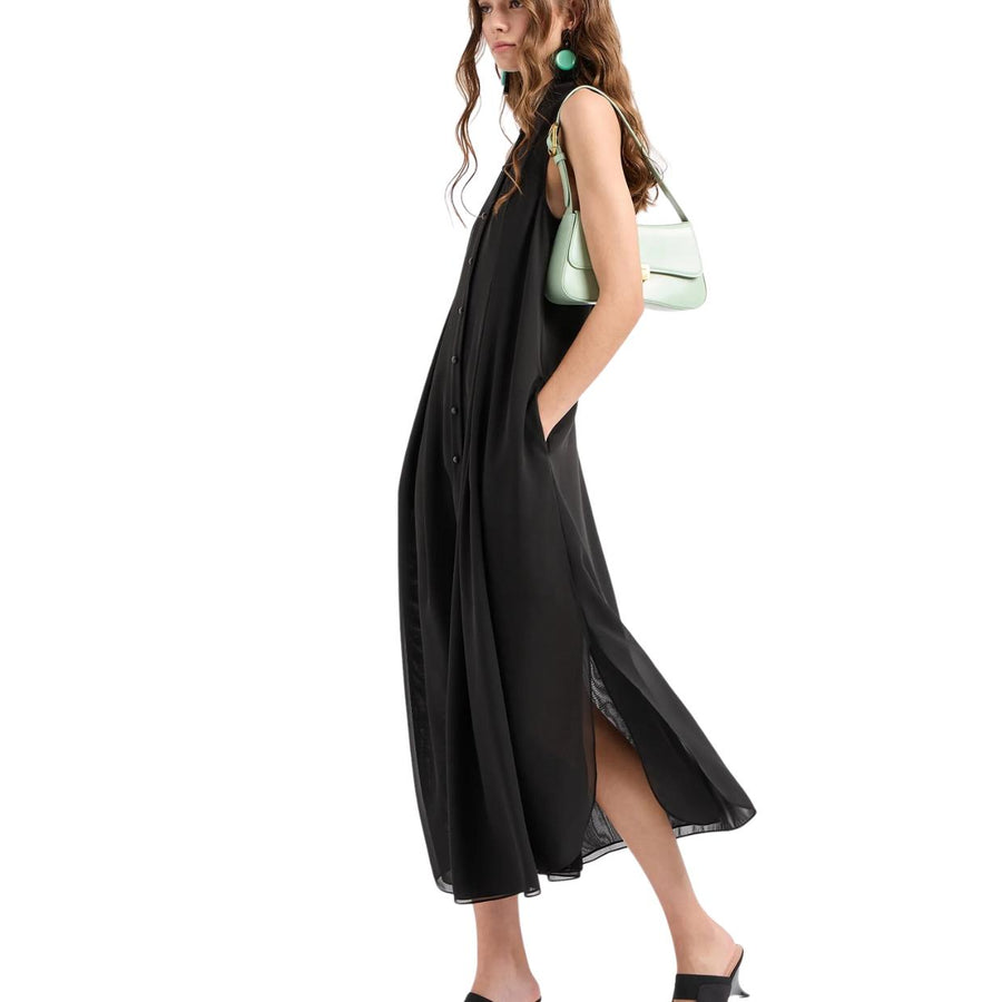 Emporio Armani Guru Collar & Flared Lines Black Georgette Long Dress
