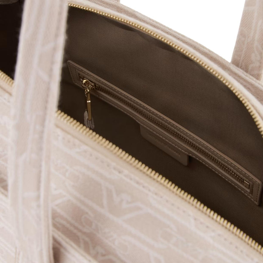 Emporio Armani Medium Jacquard All-Over Monogram Beige Tote Bag