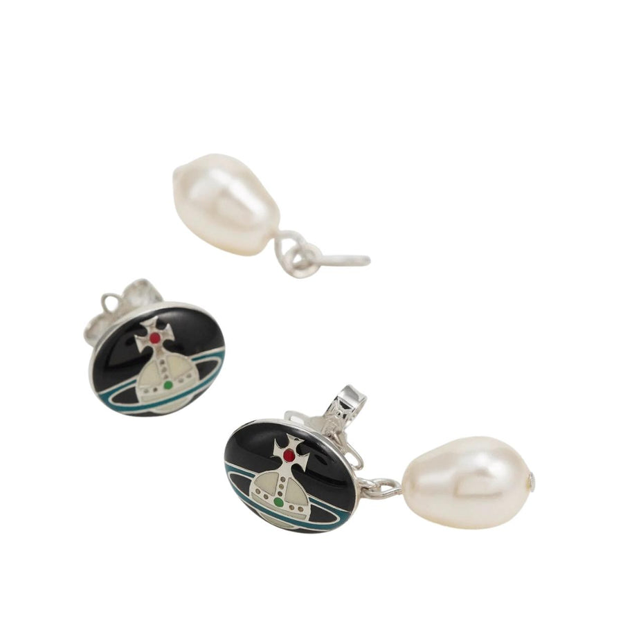 Vivienne Westwood Loelia Platinum Black Enamel Creamrose Earrings