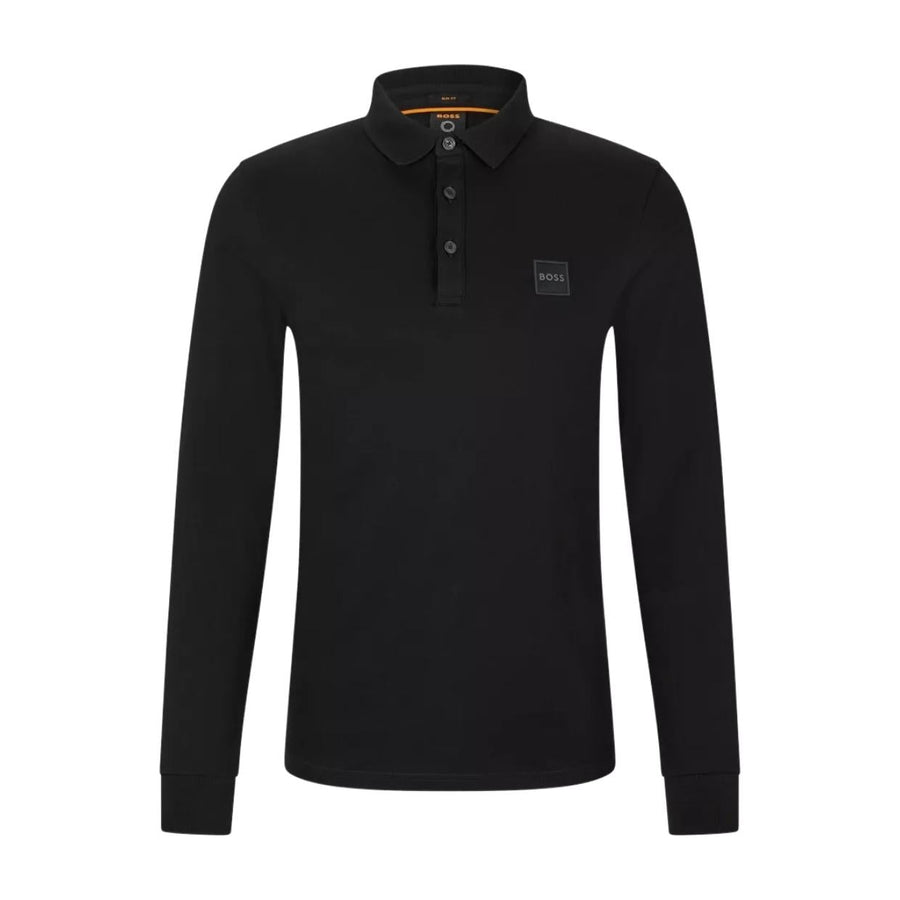 BOSS Passerby Logo Patch Long Sleeve Black Polo Shirt