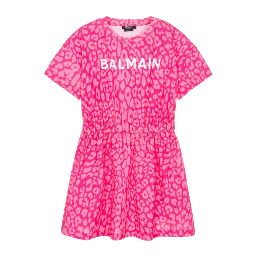 Balmain Kids Leopard Print Logo Pink Dress