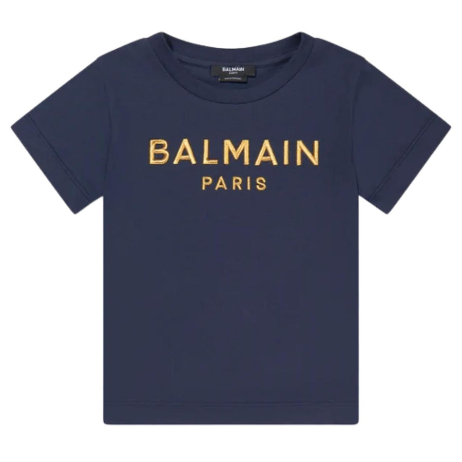Balmain Kids Gold Embroidered Logo Navy T-Shirt