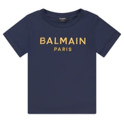 Balmain Kids Gold Embroidered Logo Navy T-Shirt