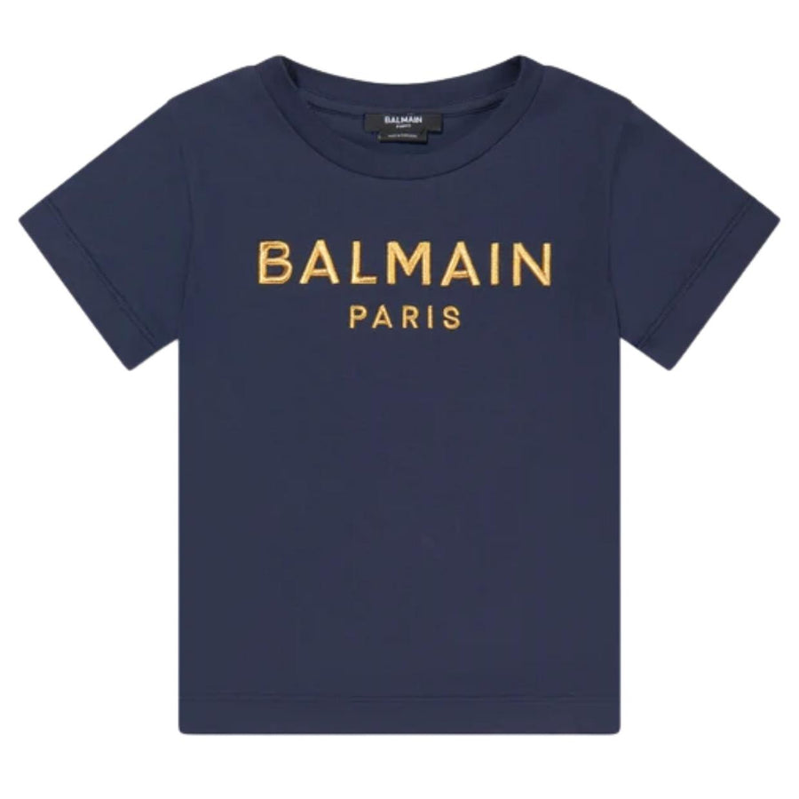Balmain Kids Gold Embroidered Logo Navy T-Shirt