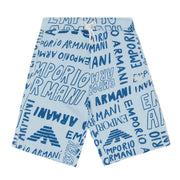 Emporio Armani Kids All-Over Logo Lettering Sky Blue Sweat Shorts