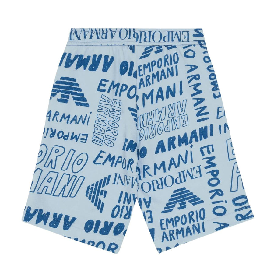 Emporio Armani Kids All-Over Logo Lettering Sky Blue Sweat Shorts