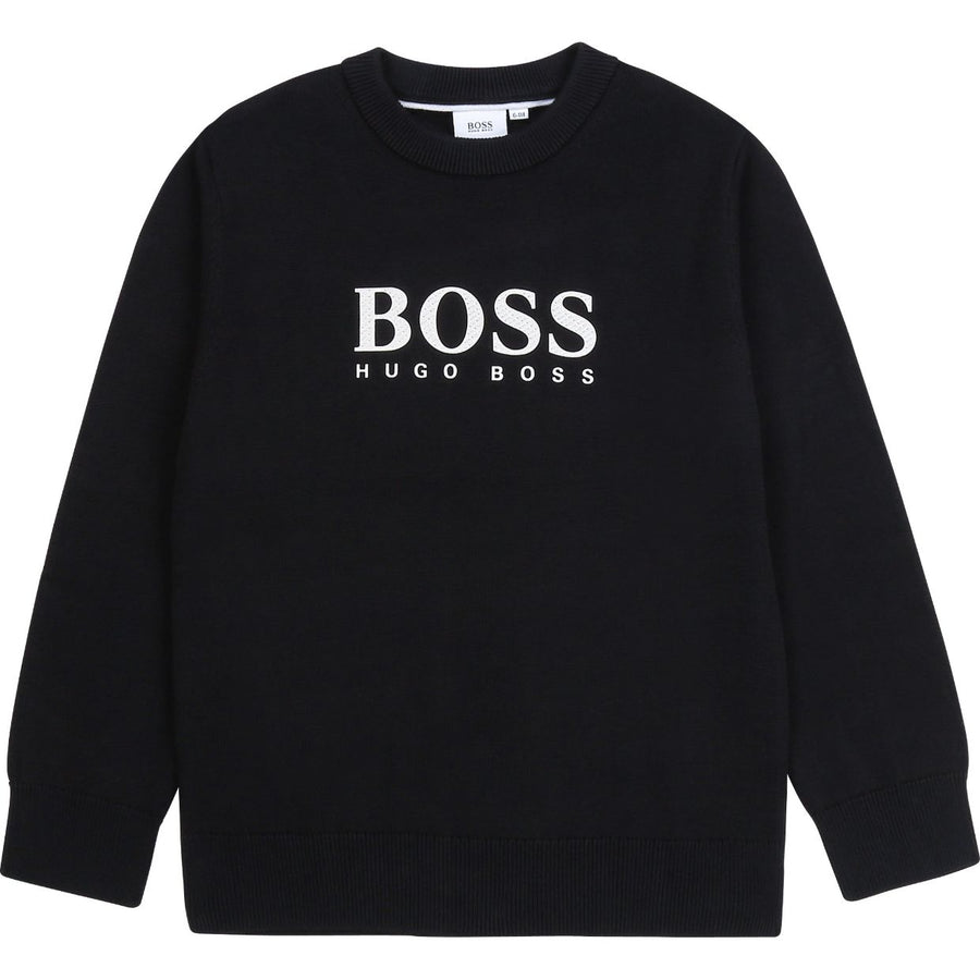 Boss Kids Black Rubberised Logo Knitted Sweatshirt