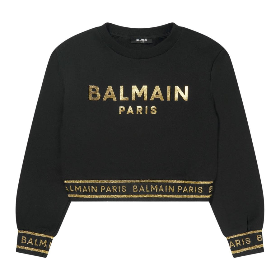 Balmain Kids Gold Glitter Logo Cropped Sweatshirt