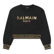 Balmain Kids Gold Glitter Logo Cropped Sweatshirt